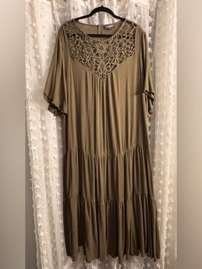 Plus Size | Roamans Flowy Olive Crochet Yoke Dress | Size 22W